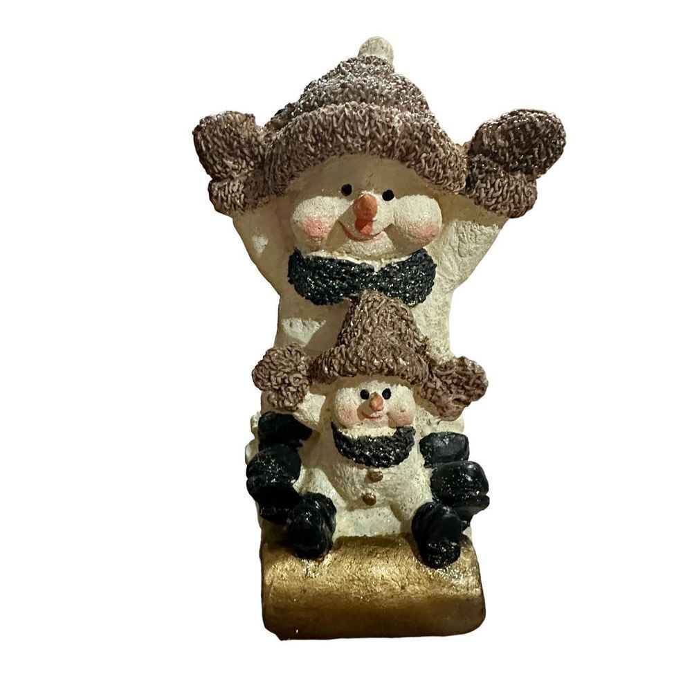 Miniature Snowman & small snowman on Sled Holiday‎ Decor Christmas 4” tall